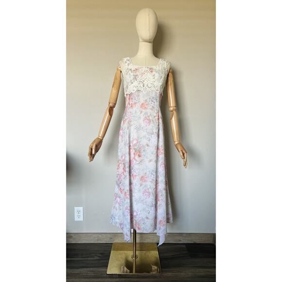 Vintage Scott McClintock Size 4 Floral Handkerchief Hem Midi Dress Lace Pearls - Picture 1 of 16